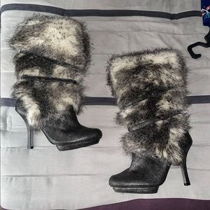 Black and grey furry boots